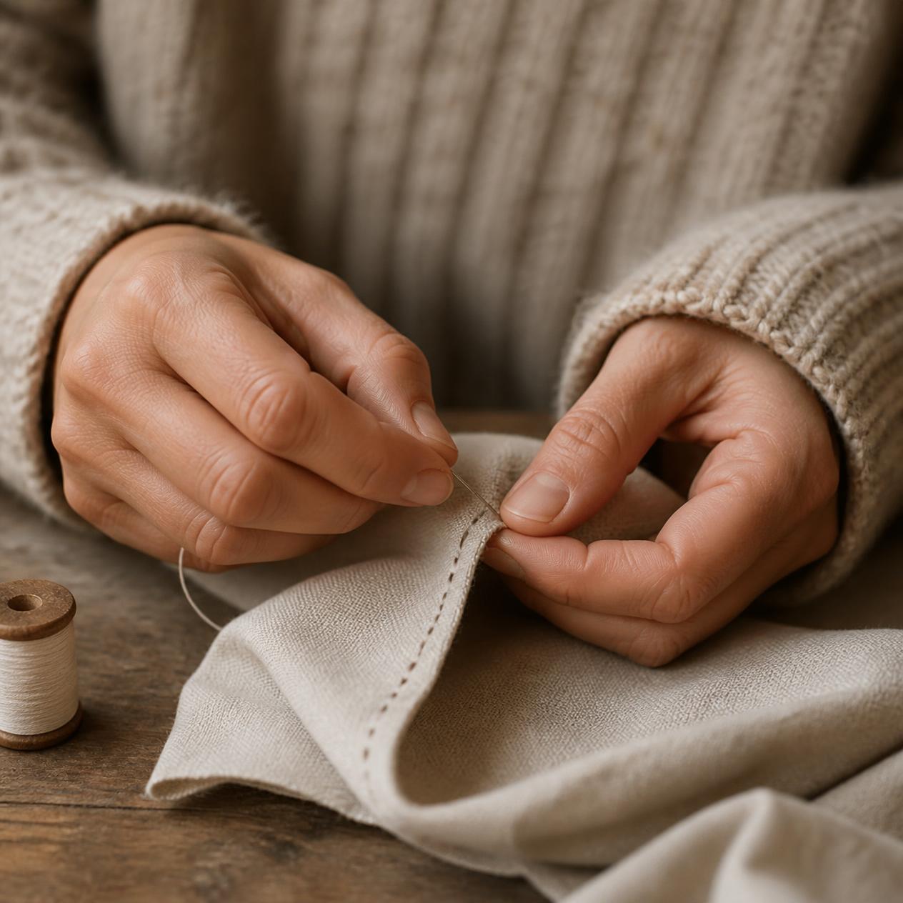 Hands sewing fabric by hand