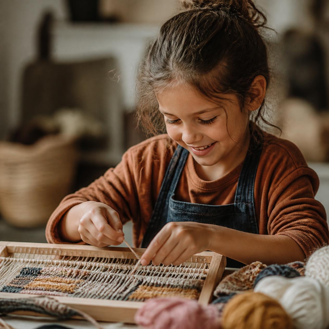 A child weaving at a workshop table
