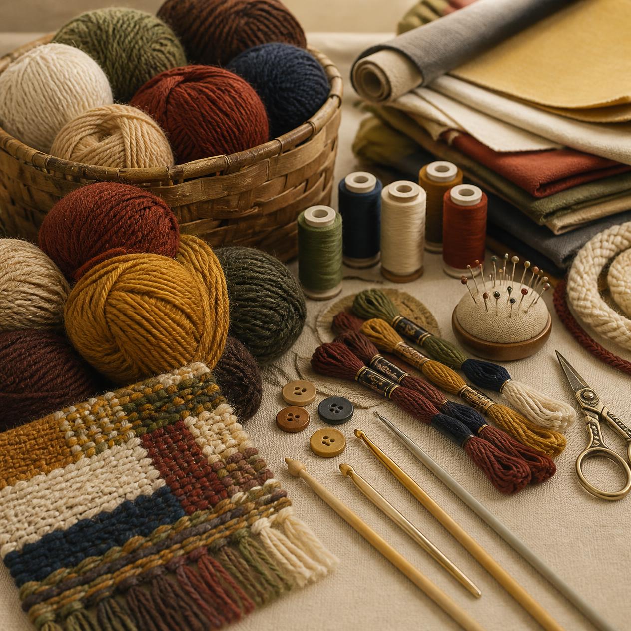 Assorted handcraft materials: yarn, thread, buttons, and fabric