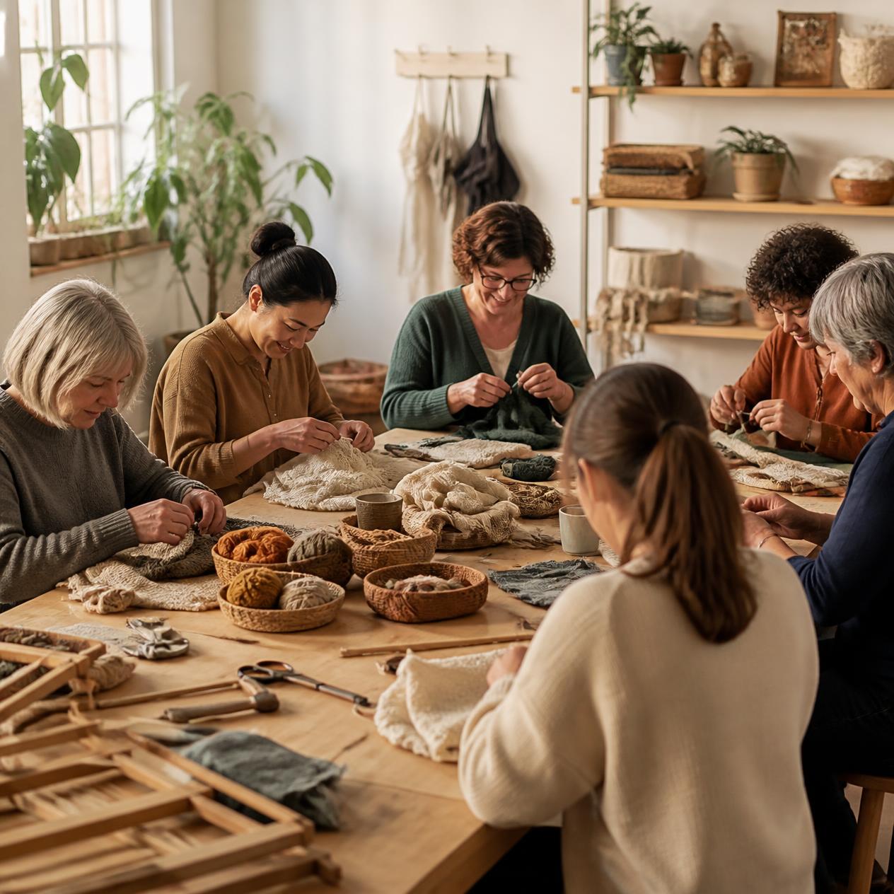 A handcraft workshop with several people at a shared table